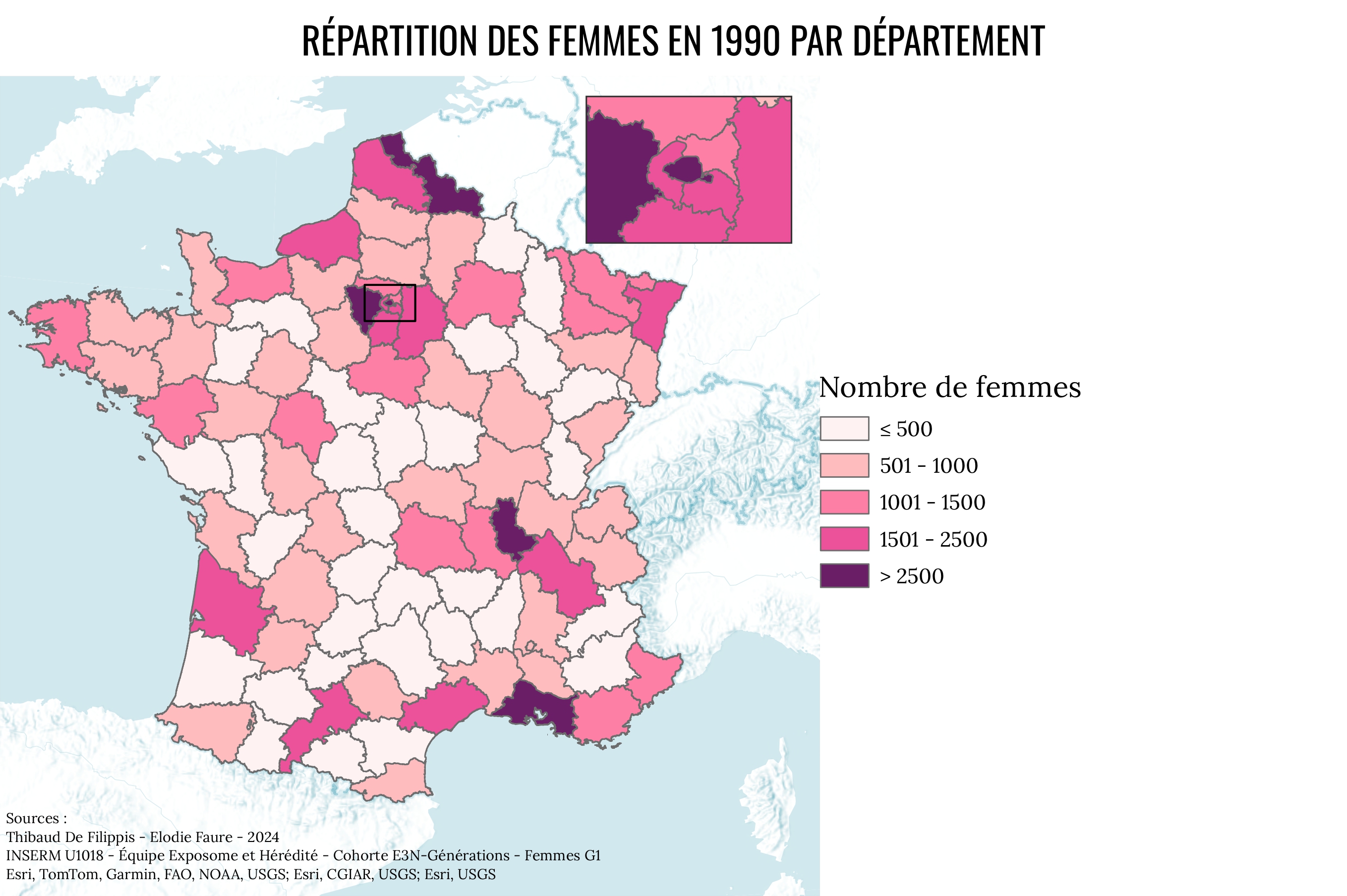 Carte répartition département Femmes E3N-G1 - 1990