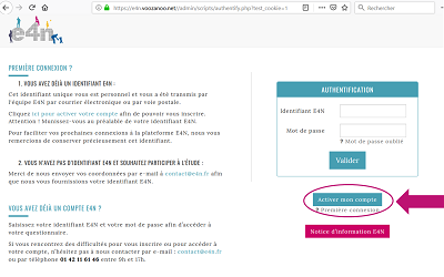 cliquer sur le bouton activer votre compte, situé à droite, sous la cadre bleu "authentification"