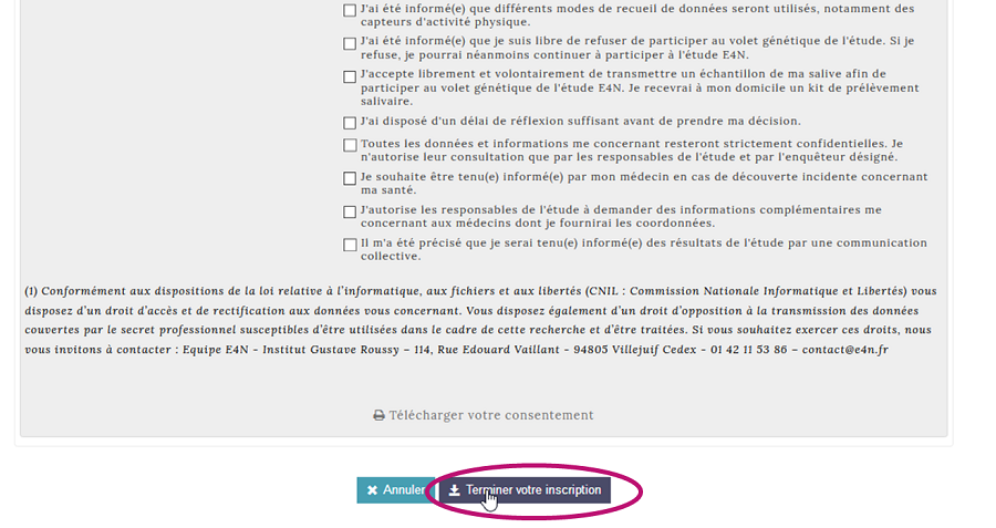 Bouton terminer votre inscription