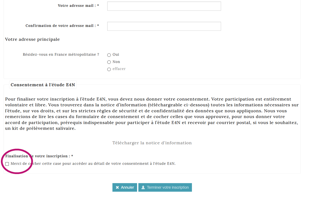 la case finaliser votre inscription, en fin de formulaire