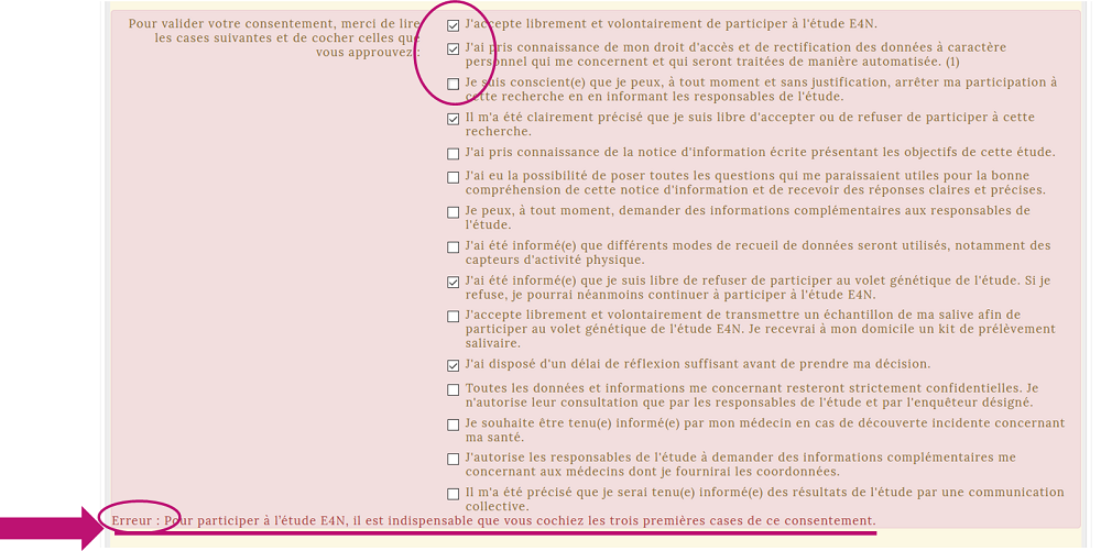 Consentement à l'étude E4N : cocher les 3 premières cases
