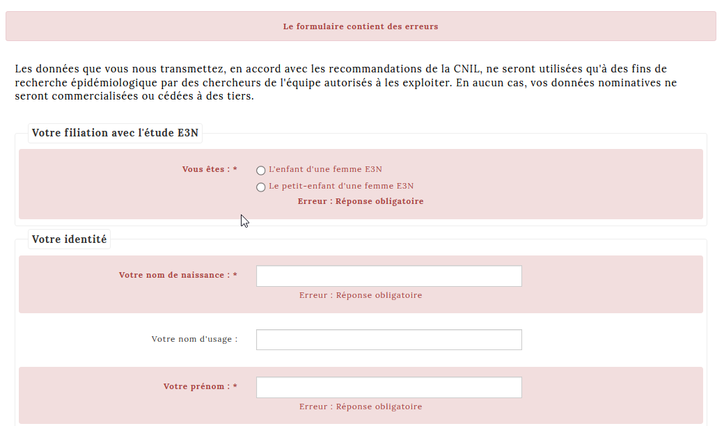 erreurs dans le formulaire
